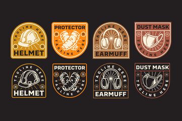Safety helmet, Earmuffs, Arm protector and Dust mask retro badge logo design set for industrial, construction, workplace safety, workshop, garage, factory. Vector Illustration