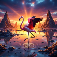 flamingos under the sunset