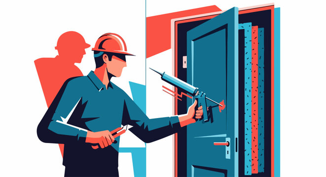 Door installation shown with figure in front of an opened door using tool, wearing safety helmet, and showing how to do door installation. Door installation to ensure quality for buildings and homes, - Powered by Adobe