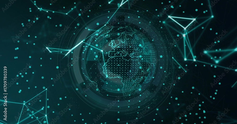 Wall mural rotating holographic globe displaying dotted continents in digital interface, with rings and mesh