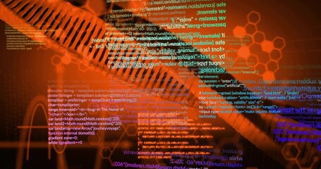 Displaying dark spiral helix structure over digital interface, with code snippets and hexagons