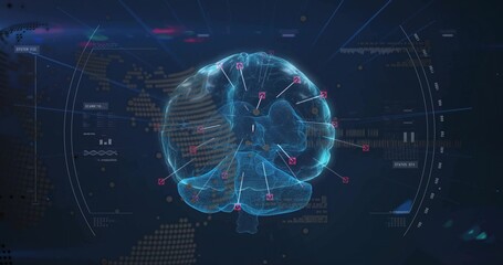 Displaying 3D holographic brain model marking red node points with white lines in digital display