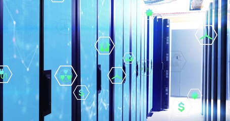 Highlighting blue-lit server racks lining data center aisle, with floating hexagonal digital icons