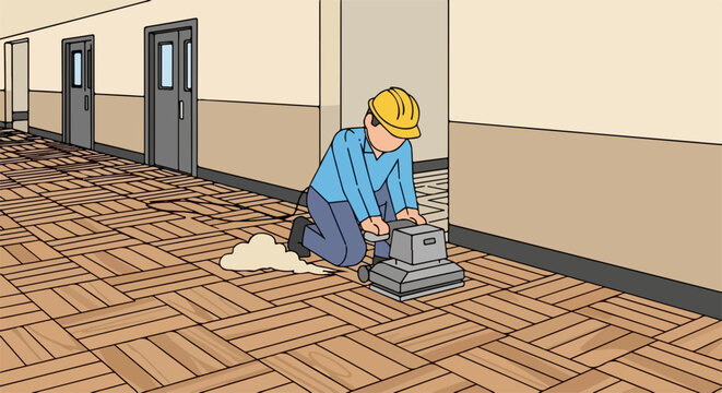 Floor sanding in corridor, showing sanding of parquet blocks. Floor sanding, floor restoration requires specialized machinery, leaving behind dust and requiring ventilation.