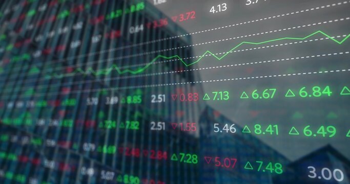 Displaying market overlay across finance district skyline, with ticker numbers and green line graph