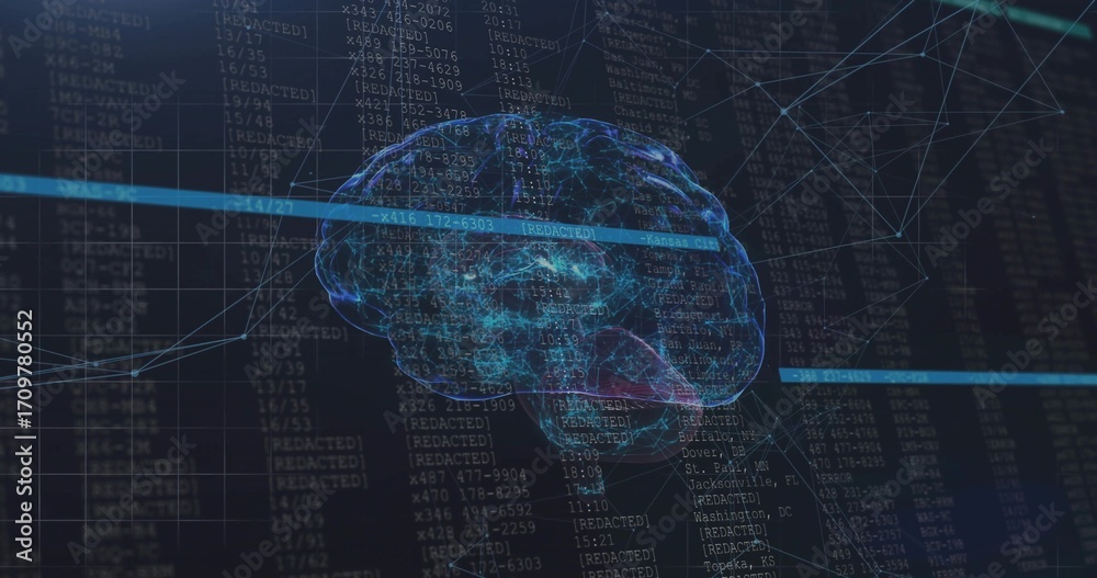 Wall mural floating 3d brain hologram pulsing in dark code field showing highlighted data bars, network nodes