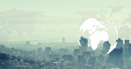 Floating semi-transparent globe over coastal skyscrapers with dotted map overlay copy space