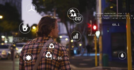 Walking man in plaid shirt carrying shoulder bag down street at dusk, showing eco icons overlay
