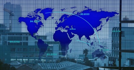 Displaying digital world map overlay on office window overlooking city skyline, with cyan labels