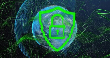 Showing unlocked padlock icon on neon green pixelated shield over globe in cyberspace, grid lines