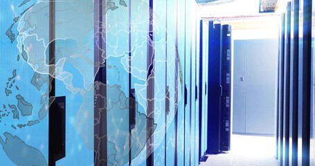Illuminating server racks lining data center corridor, with translucent world map overlay