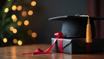 Graduation cap, tassel rests on black gift box tied with red ribbon. Blurred warm lights create festive bokeh background. Image celebrates academic achievement, higher education, celebratory events.