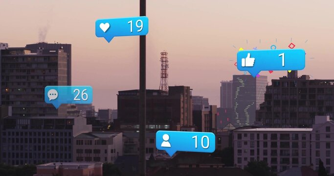 Displaying cityscape featuring buildings and antennas at dusk, with floating social media icons - Powered by Adobe