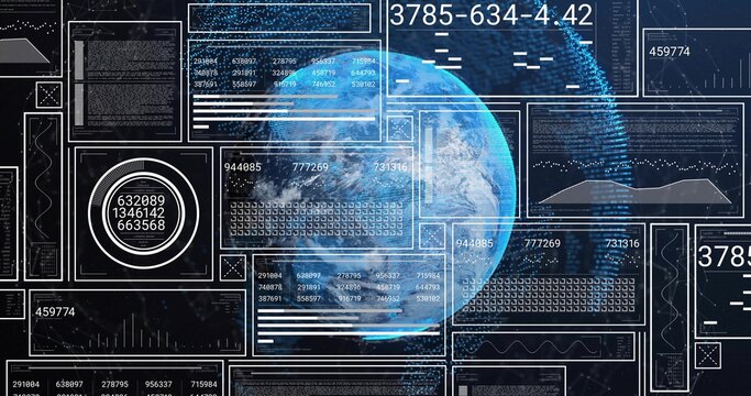 Naklejki Displaying semi-transparent 3D globe of Earth rotating at control interface, with data panels
