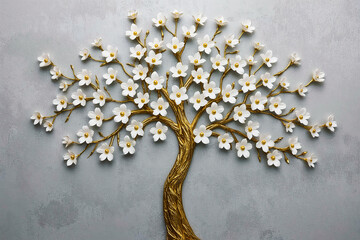 artwork of a stylized tree with a sleek, golden trunk that gracefully curves. golden tree with white flowers