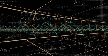 Streaming neon waveforms with floating math symbols through dark 3D corridor, gold-teal gridlines