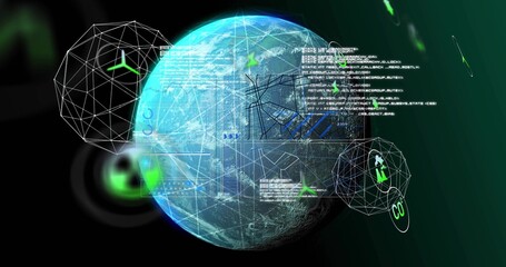 Obraz premium Rotating digital Earth globe in virtual data visualization environment, with code text blocks