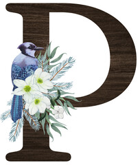 Watercolor illustration of the letter P decorated with winter birds — cardinal, bohemian waxwing, blue jay, hoary redpoll — and Christmas plants. Perfect for monograms and festive designs.