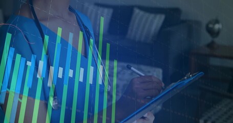 Writing doctor wearing scrubs and stethoscope marking clipboard in lounge under bar chart overlay