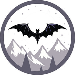 Bat Flying Over Snowy Mountains Emblem night moon