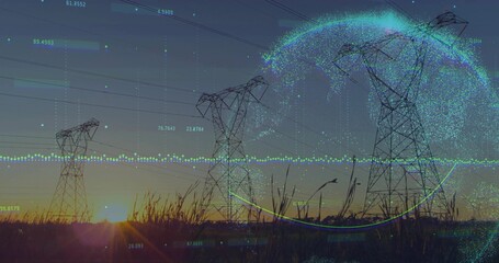 Silhouetting steel lattice tower with power lines at sunset in grassy field, with data overlays