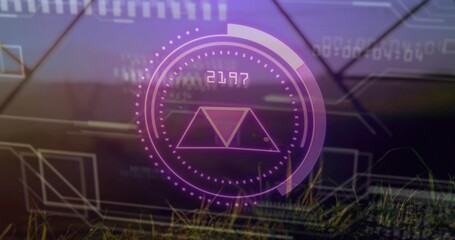 Showing purple hologram interface on grass with dotted ring triangle icon 2197 readout and patterns