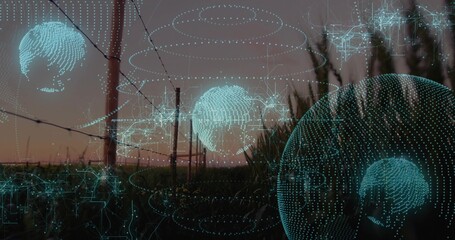 Overlaying teal wireframe spheres with network nodes on rural farmland at dusk, with utility poles