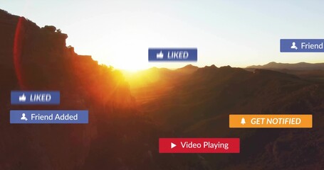 Featuring rugged canyon landscape glowing at sunrise, with floating digital notification overlays