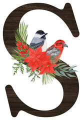 Watercolor illustration of the letter S decorated with winter birds — cardinal, bohemian waxwing, blue jay, hoary redpoll — and Christmas plants. Perfect for monograms and festive designs.