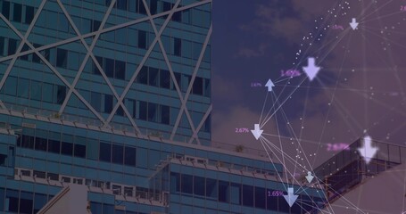 Reflective glass facade dominating cityscape, with steel bracing, rooftop units and data overlay