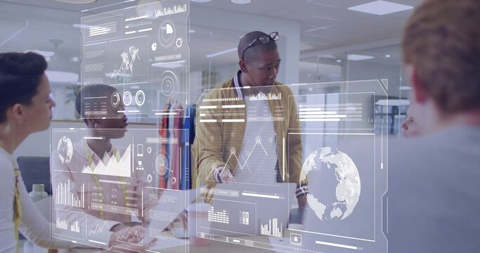 Pointing presenter highlighting floating holographic charts in conference room, with digital globe