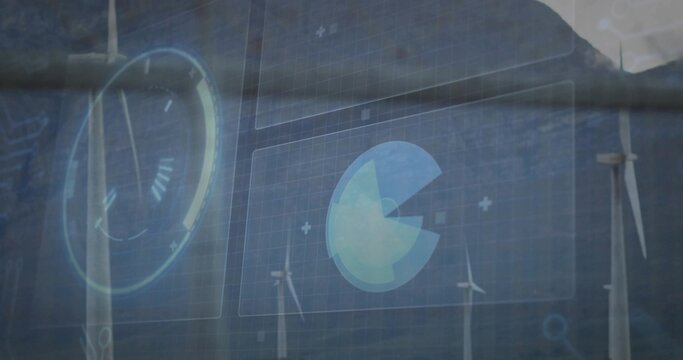 Displaying wind turbines under holographic interface at wind farm, showing circular gauge or pie-cha - Powered by Adobe