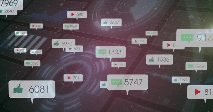Displaying floating notification bubbles over grid interface, with HUD graphics, circuit patterns
