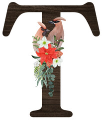 Watercolor illustration of the letter T decorated with winter birds — cardinal, bohemian waxwing, blue jay, hoary redpoll — and Christmas plants. Perfect for monograms and festive designs.