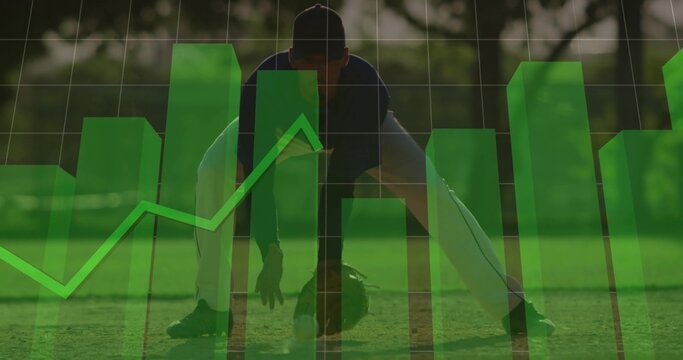Fielding ball infielder in full uniform crouching on infield grass, with glove and data overlay
