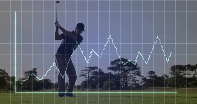Swinging man wearing polo shirt hitting ball with club at tee, with line chart grid overlay