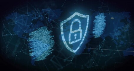 Displaying shield with padlock in network over world map with fingerprint holograms and nodes