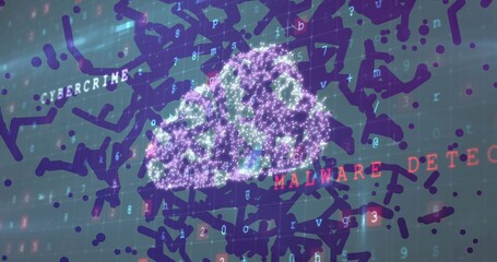 Shimmering network cluster forming digital dashboard, with cybercrime and malware detection labels