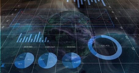 Visualizing planet Earth above space backdrop, featuring grid overlay and line bar pie donut charts