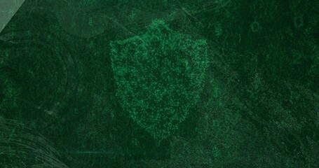 Glowing shield emerging from green particles pulsating in circuit scene, with numeric codes