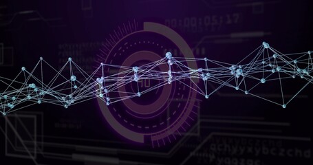 Displaying network graph visualization in digital interface with blue nodes, HUD overlay and lines