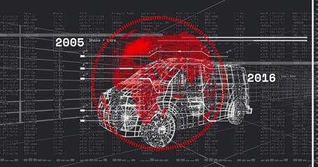 Showing wireframe car model over red world map on dashboard, featuring timeline arrow and data grid