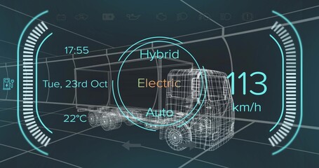 Projecting holographic dashboard showing mode rings and speed over wireframe truck in grid tunnel