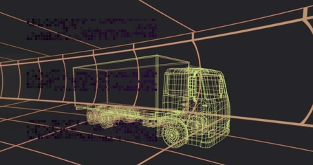 Floating wireframe cargo truck hovering inside glowing grid tunnel, with purple pixel clusters