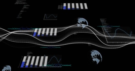 Flowing dotted wave in interface featuring bar charts line graph panels code snippets, globe icons