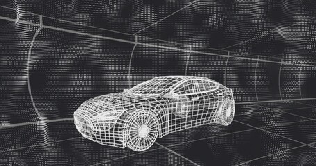 Fototapeta na wymiar Displaying 3D wireframe car model navigating virtual grid environment, featuring dot mesh walls