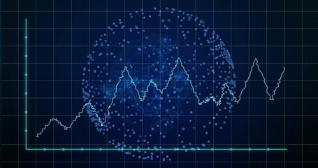 Moving cyan line graph with glowing markers on grid analytics dashboard, showing network world map