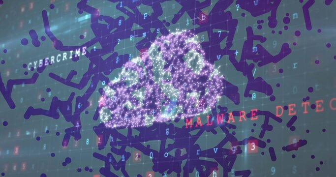 Shimmering network cluster forming digital dashboard, with cybercrime and malware detection labels - Powered by Adobe