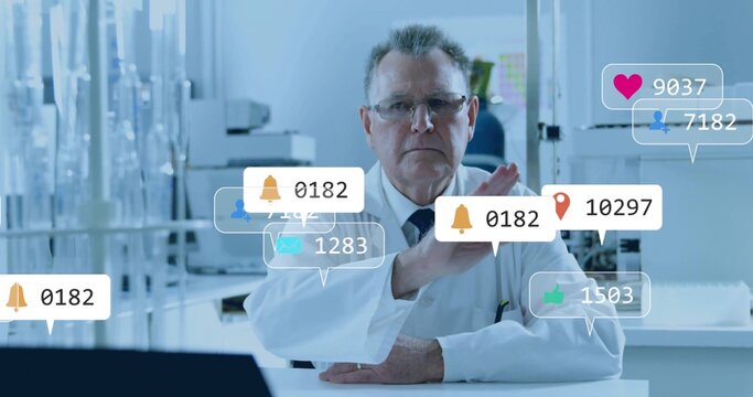 Gesturing senior scientist in lab coat making stop gesture at research lab, with floating UI icons - Powered by Adobe
