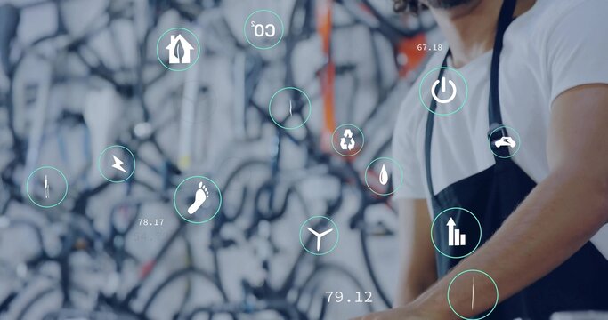 Apron-clad mechanic adjusting floating icons in bike repair shop, with frames wheels, copy space